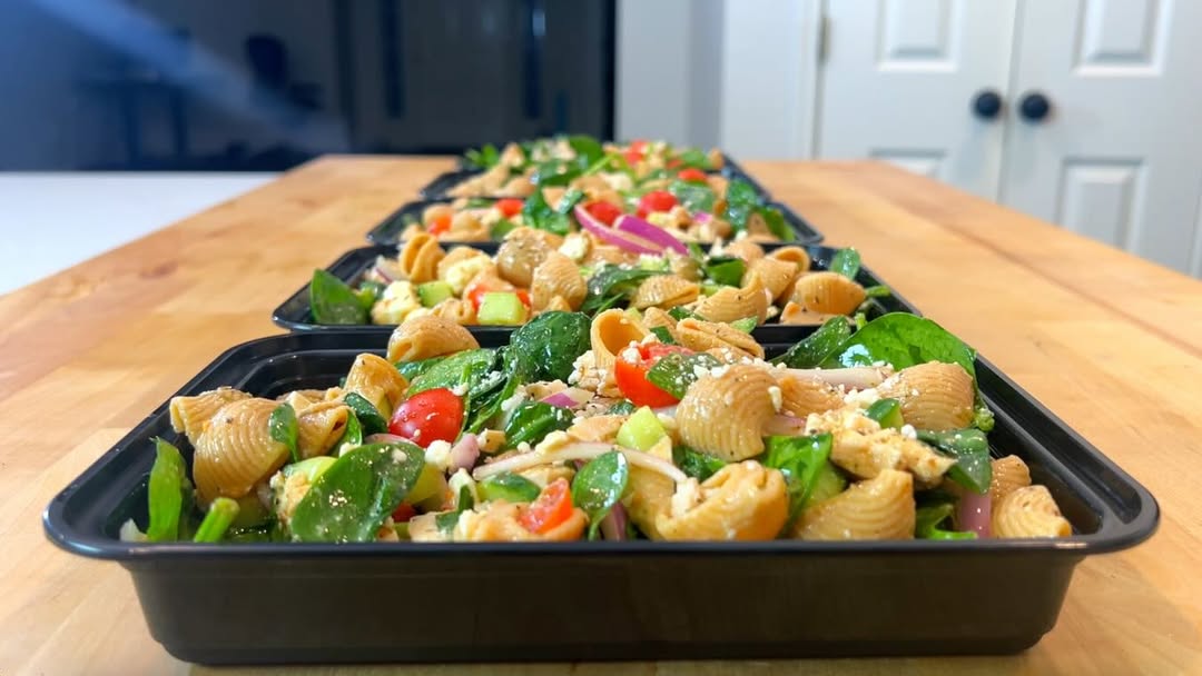 Mediterranean Chicken Pasta Salad Meal PrepThis one is meant to be eaten cold making it the perfect summer meal prep dish to help you beat the heat. Find the full recipe video on my YouTube channel - Josh Cortis or search for The Meal Prep ManualRecipe: https://mealprepmanual.com/mediterranean-chicken-pasta-salad/Ingredients: FOR THE CHICKEN1.5 lbs (681 g) boneless skinless chicken breast2 tsp (10 g) oil1⅓ tbsp (20 g) lemon juice½ tsp (2 g) onion powder½ tsp (2 g) garlic powder½ tsp (2 g) cumin½ tsp (3 g) salt1 tsp (1 g) dried oreganoFOR THE PASTA8 oz (227 g) chickpea pasta dry weight, any pasta works if you don’t want to use chickpeaFOR THE VEGETABLES1 medium (150 g) cucumber5 oz (150 g) spinach8 oz (227 g) cherry tomatoes1 small (125 g) red onionFOR THE DRESSING6 tbsp (90 g) olive oil¼ cup (60 g) red wine vinegar1 tbsp (15 g) lemon juice2 cloves (10 g) garlic2 tsp (2 g) dried oregano⅓ tsp (2 g) salt½ tsp (2 g) pepper1 cup (112 g) crumbled feta cheese by @themealprepmanual
