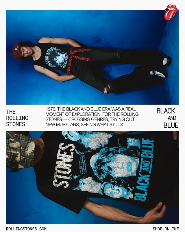 1976. The Black and Blue era was a real moment of exploration for The Rolling Stones - crossing genres, trying out new musicians, seeing what stuck. The Black and Blue collection features bold prints from renowned photographer Hiro’s album artwork shoot. Take a look via the official store.. by @rollingstonesstore