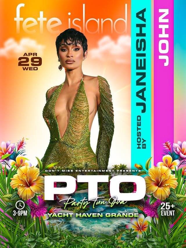 On this New Season, PTO presents: 🏝️Fete Island 🏝️An evening with Janeisha JohnNot on your screen….In yo’ section‼️Countdown to the VI’s #1 Day Party Experience. See AYO at PTO ✈️Dress code: GLOW—Neon Resort Wear by @janeisha_missvi