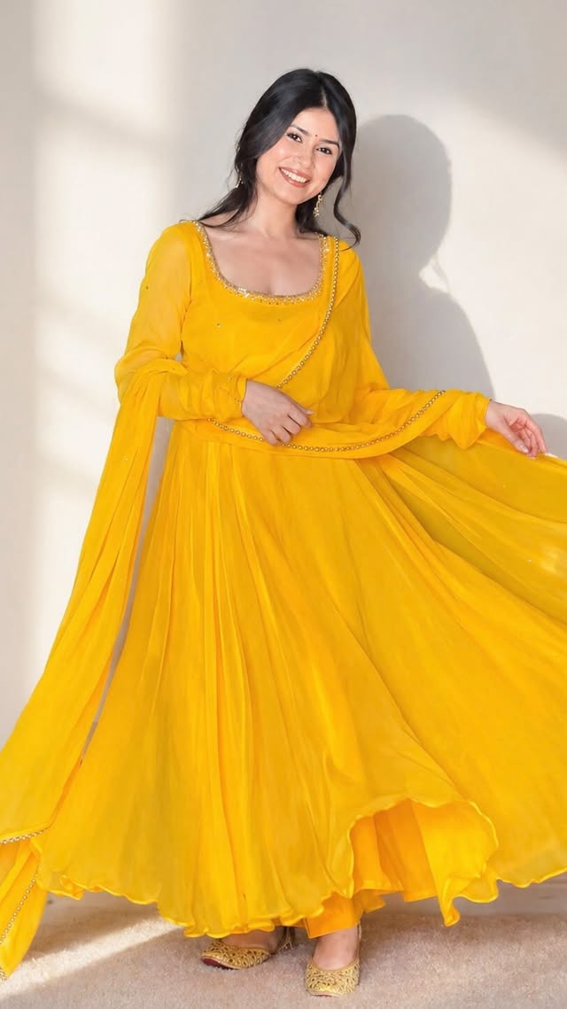 This is such a pretty yellow barbie would approve 🥹🌼💛✨Binging my desi barbie dream to life one look at a time ✨ Ep. 2 ✨Outfit : @bhaviniparis Earrings : @heerhouseofjewellery Juttis : @jaysoleindia Comment “LINK” to receive all product links in your DM 💛[grwm, sunset, marigold, myntrafind, myntra, yellow, pinterest, haldioutfit, indiansuit, indianaesthetic, anarkali, floral, embroidered, haldi, aesthetic, mustard, desiaesthetic, fyp, explore, indianbarbie, weddingoutfit, indianwedding] by @bhaviniparis