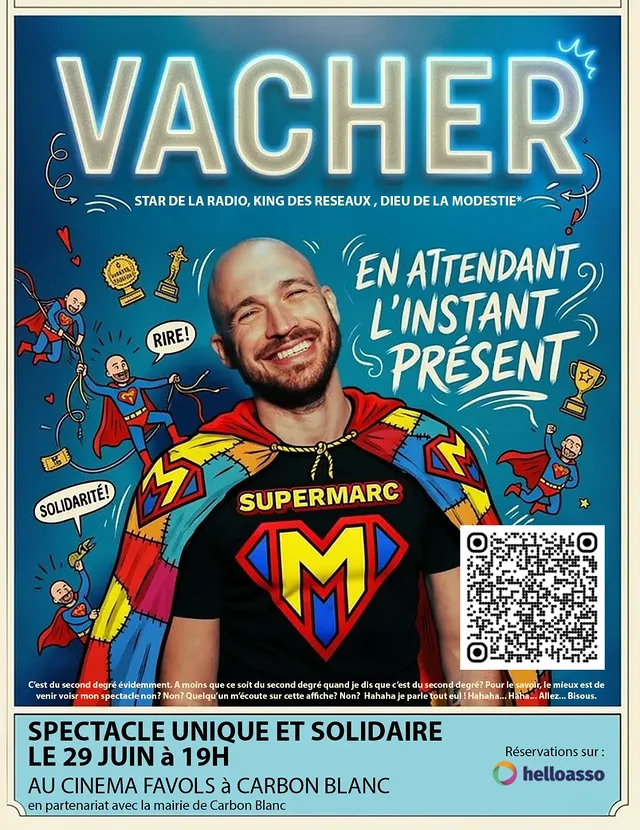 💥 SOIRÉE CARITATIVE D'HUMOUR💥 au profit de l'association SuperMarc❤️ On est heureux de vous annoncer une soirée de rires… et de solidarité ! 🔊 Le 29 juin à 19h, retrouvez Vacher @vacher , humoriste et voix bien connue des émissions de Fun Radio, pour un spectacle caritatif d’humour au cinéma Favols de Carbon-Blanc. 🙏 Cette soirée exceptionnelle est organisée au profit de l’association SuperMarc @super_marc_2021 , qui soutient Marc, un petit garçon atteint d’une maladie génétique rare. Les fonds récoltés serviront à financer les stages de rééducation, essentiels à son développement.🥤 Buvette sur place dès 18h pour commencer la soirée dans la bonne humeur. 🎟️ Billets disponibles sur Helloasso On compte sur vous pour remplir la salle et offrir à Marc de nouvelles chances d’avancer ❤️Lien en bio ou tapez "SuperMarc Helloasso" sur Google@ville_de_carbonblanc#spectaclecaritatif #onemanshow #standupbordeaux #carbonblanc#quoifaireabordeaux by @vacher