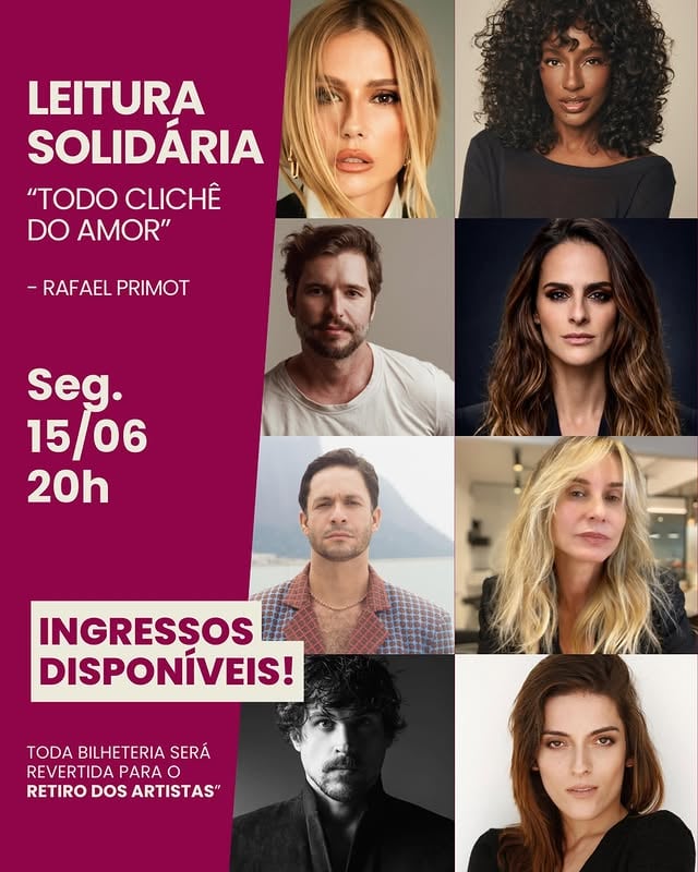 Leitura Solidária e Retiro dos Artistas 💜 Todo Clichê do Amor, de Rafa Primot, ganhará uma leitura dramática especial dirigida por Bruno Guida, em uma noite solidária em prol do Retiro dos Artistas.Toda a bilheteria será 100% revertida para o Retiro dos Artistas.Ingressos disponíveis pelo Ingresso.com 🎟️Teatro TotalEnergies – Sala Adolpho BlochPocket show: @uchoafloraElenco: @dedesecco @feliperoque @brunokott @paulaburlamaquioficial @marcellafogaca @chris_fogaca @pathydehesus @rainercadeteProdução: @decarvalhocica by @feliperoque