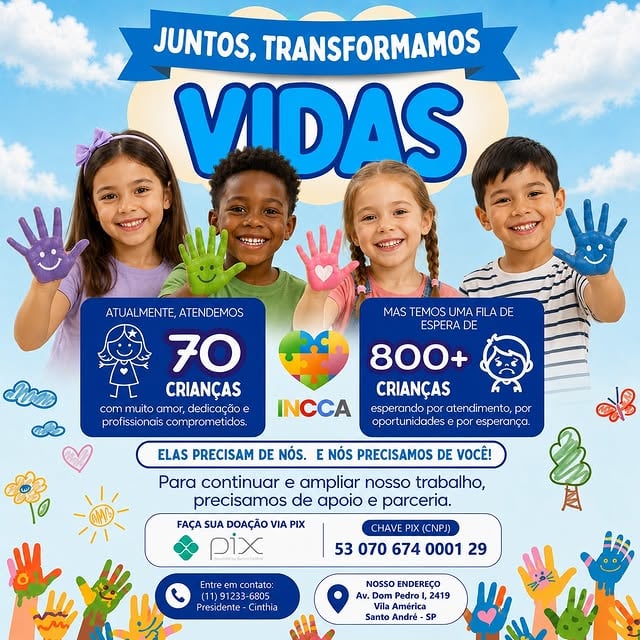 Juntos, transformamos vidas 💙Hoje o Instituto INCCA acolhe e atende 70 crianças autistas com muito amor, dedicação e profissionais comprometidos.Mas ainda temos uma fila de espera com mais de 800 crianças esperando por atendimento, oportunidades e esperança.Cada apoio faz a diferença para mantermos esse trabalho e continuarmos comprometidos com essa causa tão importante. 🙏Nos ajude a continuar de portas abertas e ampliar esse trabalho para tantas crianças.📍 Santo André – SP💙 Apoie essa causa📌 PIX CNPJ: 53 070 674 0001 29Compartilhe. Juntos podemos fazer a diferença! 🤝#InstitutoINCCA #Autismo #Inclusão #TEA #CriançasAutistas ApoieEssaCausa JuntosTransformamosVidas by @feliperoque
