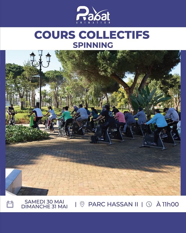 🚴‍♂️ COURS COLLECTIFS – SPINNING EN PLEIN AIRPrépare-toi à faire chauffer les pédales dans un cadre exceptionnel 🌿💦‏Rejoins-nous pour une session énergique au rythme de la musique et de la bonne humeur !‏📍 Parc Hassan II – Rabat‏🗓️ Samedi 30 Dimanche 31 mai 2026‏🕚 À 11h00‏🔥 Ouvert à tous les niveaux – viens booster ton cardio !‏⚠️ Inscription via le lien en story 🤩 by @rabat.animation