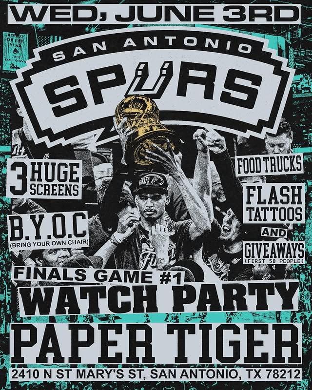 WED 6/3Spurs watch partyLED wall two projectorsFood trucks @gyromastersanantonio @smackschickenshack Tattoos by @harley.tattooer GiveawaysDrink specialsBring your own chairRSVP! by @papertigersatx