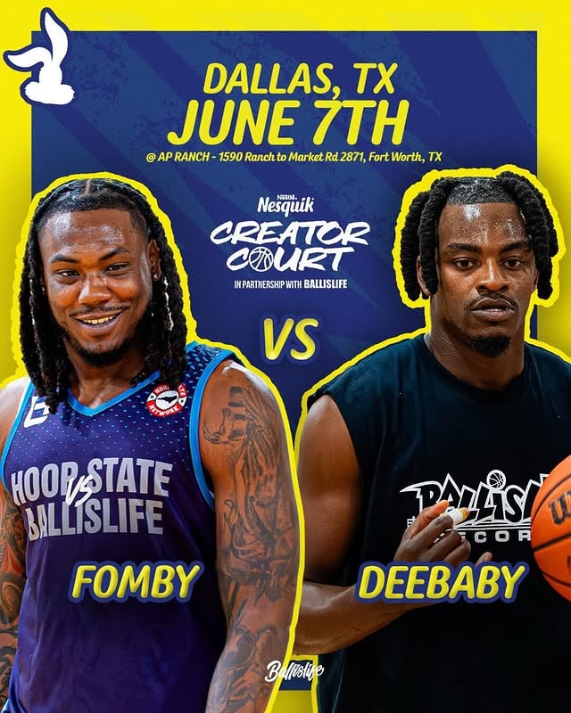 Uh oh… the internet has been asking for this match up so we HAD to deliver 😳 @fombbombtv vs @topnotchdbaby Two players who’ve been instilling FEAR in the 1v1 space all year are facing off @nesquikusa Creator Court in Dallas/Fort Worth this Sunday! This event is FREE to attend just make sure to RSVP! by @ballislife