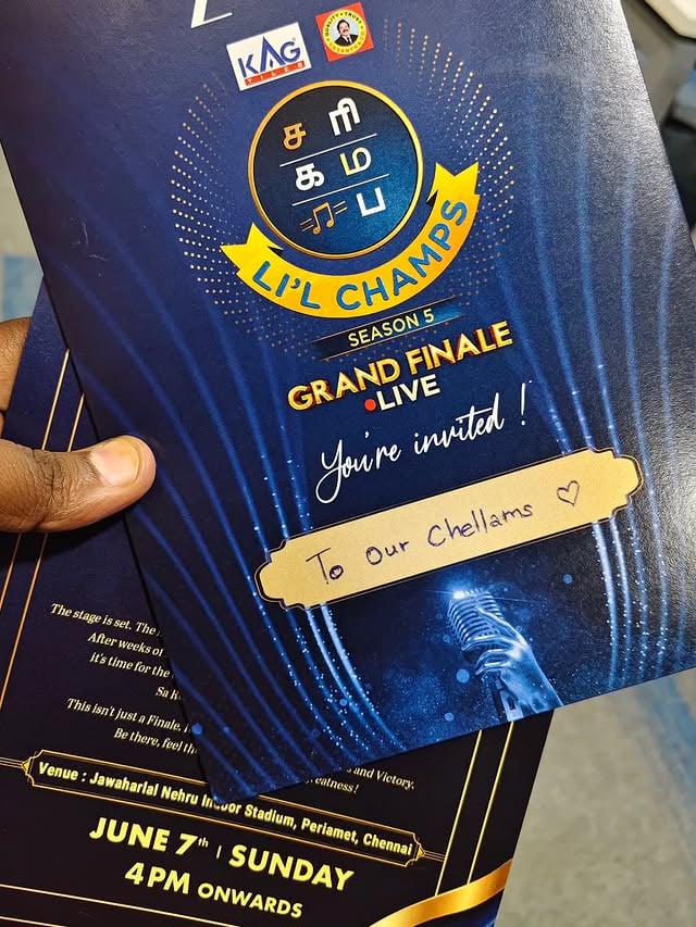 முதல் Invitation உங்களுக்குத்தான் ❤️ Chellamzz..Saregamapa Li'l Champs Season 5 | Grand Finale Live | 7th June, Sun 5 PM.Venue: Nehru Indoor Stadium, Chennai #SaregamapaLilChampsSeason5 #GrandFinaleLive #ZeeTamil by @_shwetamohan_