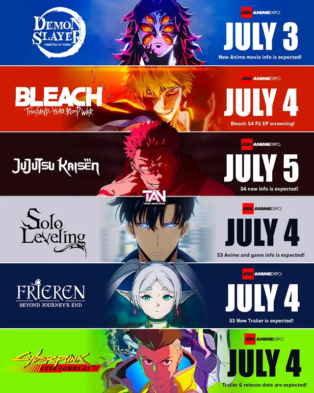 Anime Expo 2026 is bringing the biggest names in anime all to one stage. 🔥

•Demon Slayer is dropping new movie info on July 3. 👹

•Bleach TYBW is giving us a Season 4 Part 2 episode screening on July 4. ⚔️

•Jujutsu Kaisen Season 4 new info is coming on July 5. 💥
•Solo Leveling Season 3 anime AND game info drops on July 4. 👁️

•Frieren Season 3 is bringing a brand new trailer on July 4. 🧝‍♀️

•Cyberpunk Edgerunners 2 is revealing a trailer and release date on July 4. 🤖

This is not a regular Anime Expo. This is a historic one. 😤

July 2–5, Los Angeles — we will be covering every single announcement live. 

Which reveal has you most hyped? Drop it below. 👇