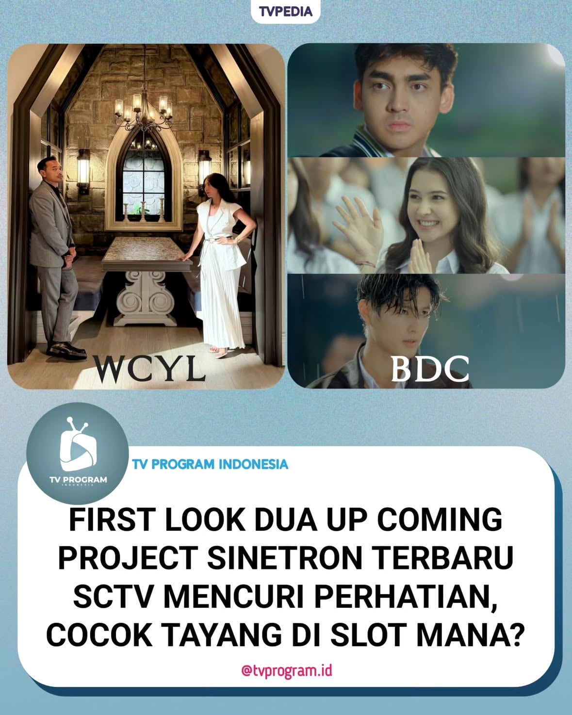 SCTV sudah mulai menyiapkan dua judul up coming project sinetron terbaru untuk di segera di tayangkan, kedua judul ini dikabarkan sudah memulai syuting promo. Kedua up coming sinetronnya juga sama-sama menhadirkan cast yang cukup mentereng 

• Title BDC (Benci Dan Cinta) akan dibintangi oleh Sandrinna Michelle, Lazuardy Nasution, dan Andy William. Bergenre remaja dengan couple fresh akan membuat sinetron ini cukup menarik untuk disaksikan. Akan disutradarai oleh Anika Marani, sedangkan skripnya akan ditulis oleh Widi Lestari & Tim.

• Title WCYL sendiri akan dibintangi oleh aktor-aktris yang pastinya sudah kamu kenal dan mumpuni dari segi akting seperti Dinda Kirana, Oka Antara, Andri Mashadi, dan Andi Annisa. Genre ini akan menghadirkan kisah romansa yang lebih dewasa. Judul  ini akan di sutradarai oleh Epoy S. Praditya dengan penulis skenarion Widi Lestari & Tim.

Apa harapan kalian untuk kedua up coming project sinetron ini? Menurut kalian, kedua judul diatas cocok tayang di slot yang mana? Pengen nonton yang Mana Nih? Yuk, share di kolom komentar.

~{KOMENTAR ? Yuk, FOLLOW akun @tvprogram.id ☺️}~
 
•••••
#BDC #WCYL #SinemArt #SCTV #TVProgramID