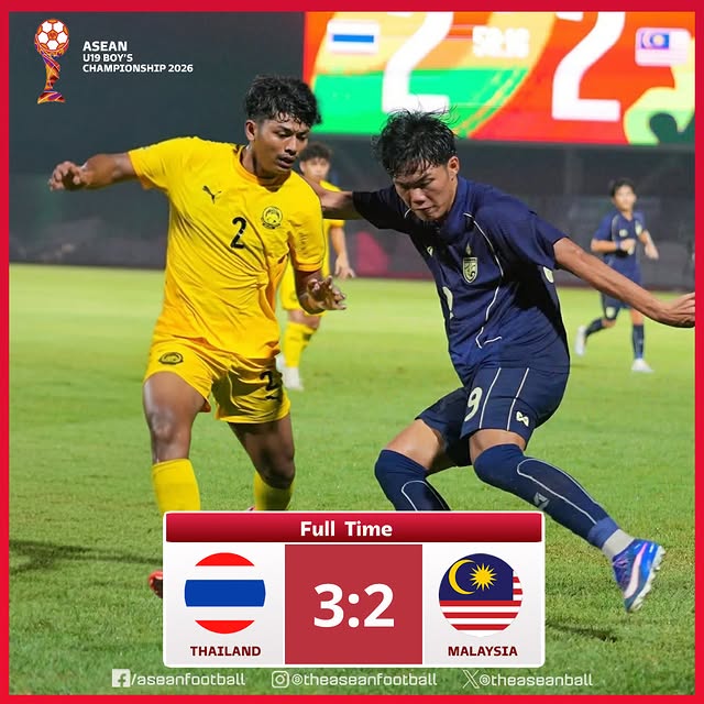 ✨ASEAN U19 CHAMPIONSHIP 2026 | Group B 

FT: Malaysia 🇲🇾 2️⃣ - 3️⃣ 🇹🇭 Thailand

#AFF #ASEANFootball