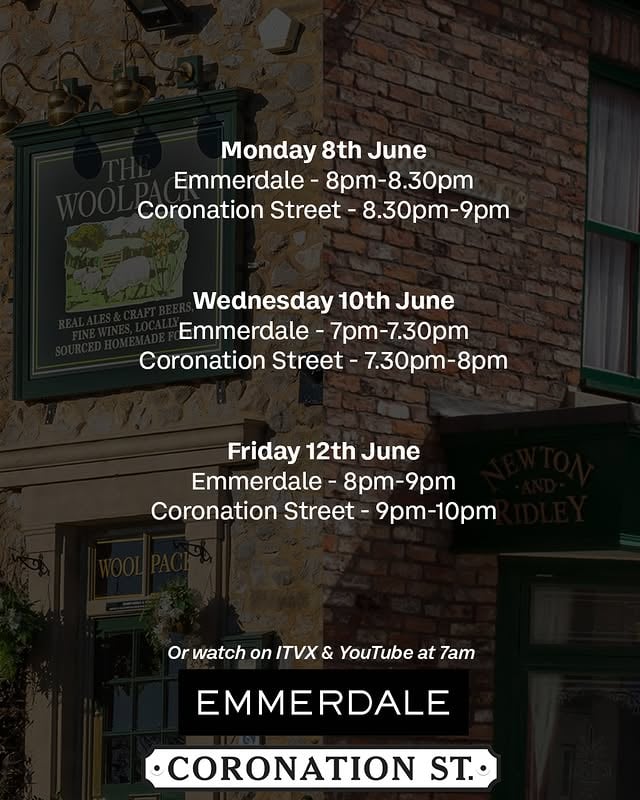 Heads up! ⚽️ Here's where to find us this week.

Don't forget, you can catch us at 7am on ITVX and YouTube 🎉

#Corrie #Emmerdale