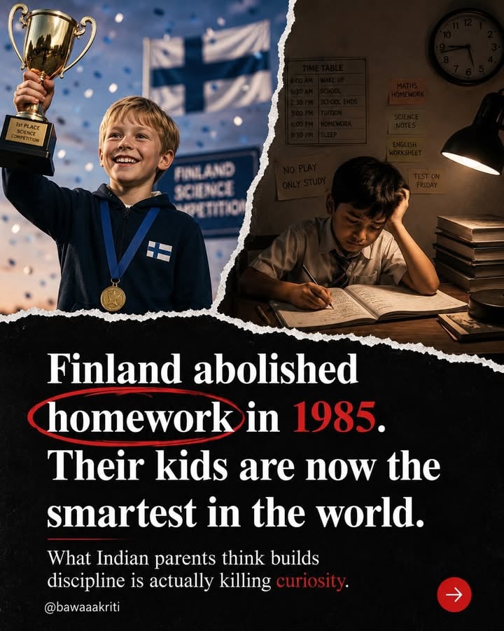 Finland didn’t build smarter kids by adding more pressure.

It built a system where children had time to think, play, question and grow.

Meanwhile in India, a 10-year-old is often treated like a full-time employee.