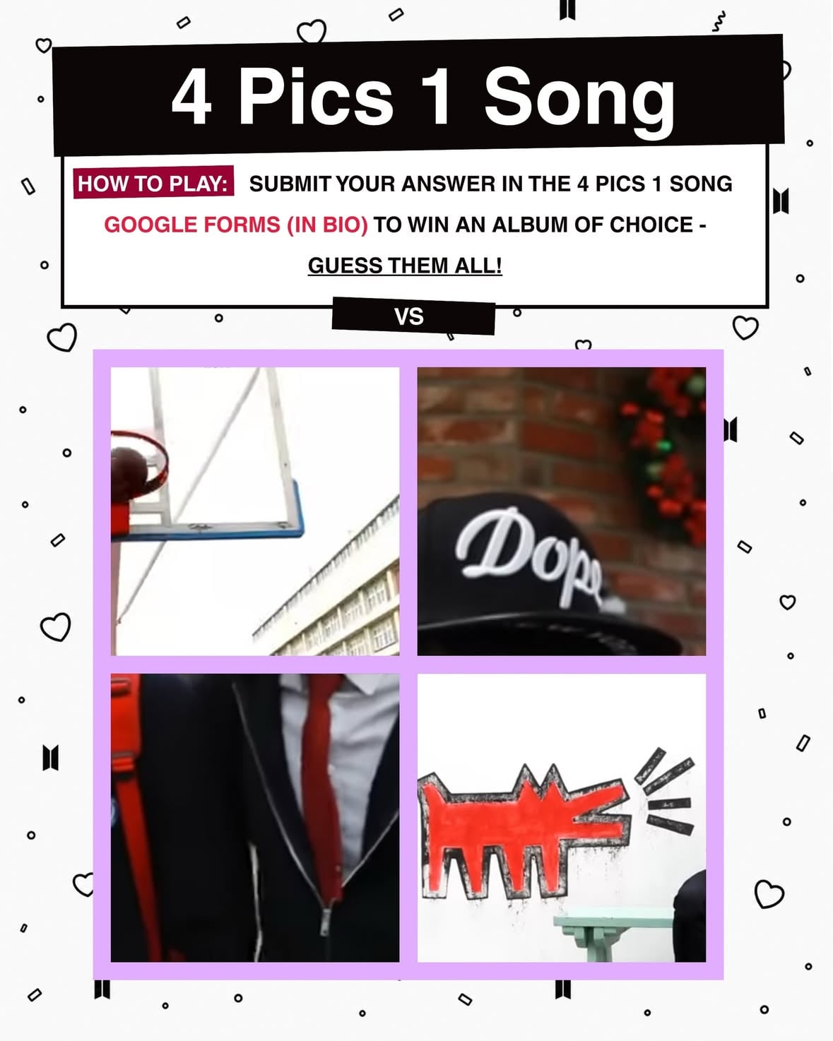 🎵💜 #COKO_FESTA_WEEK 4 PICS 1 SONG 💜🎵Think you know BTS songs better than anyone else? 👀🖼️ Look at the 4 pictures.🧠 Figure out which BTS song they represent.📝 Submit your answers through the Google Form in our bio!🏆 Prize: Album of Choice✨ There are multiple rounds, so don’t stop after solving just one!✨ Every picture matters.✨ Some are easy, some will really test your ARMY knowledge.⚠️ Answers submitted in comments will not count. Make sure to use the Google Form to enter!Good luck, detectives! 🔍💜#BTS #방탄소년단 #BTSFESTA #ARMY by @cokodive