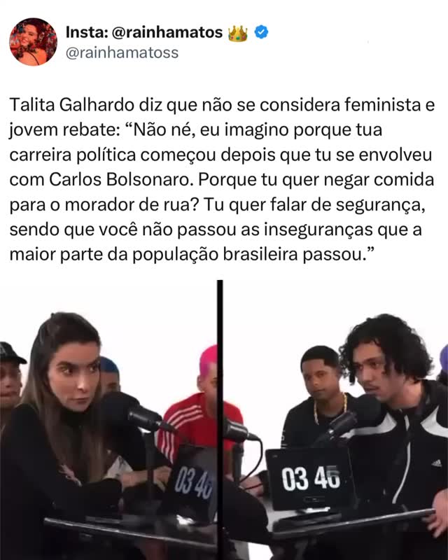 Talita Galhardo diz que não se considera feminista e jovem rebate:“Não né, eu imagino porque tua carreira política começou depois que tu se envolveu com Carlos Bolsonaro. Porque tu quer negar comida para o morador de rua? Tu quer falar de segurança, sendo que você não passou as inseguranças que a maior parte da população brasileira passou.” 🎥: YouTube 🏐