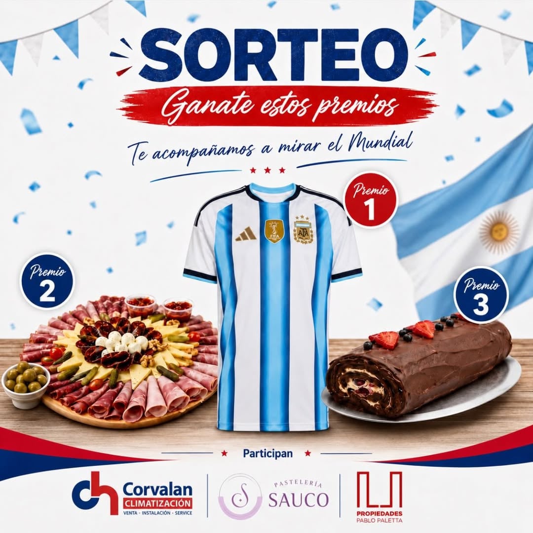 SE VIENE EL MUNDIAL Y LO MIRAMOS CON SORTEO

El 16 de junio juega Argentina su primer partido del Mundial, y junto a @saucopasteleria y @palettapropiedades queremos acompañarte con un sorteo ideal para disfrutarlo como corresponde. 

Premios:

1° premio: Camiseta titular de la Selección Argentina
2° premio: Picada para compartir
3° premio: Postre a elección de Sauco Pastelería

Para participar:

Seguí a las 3 cuentas:
@climatizacioncorvalan 
@saucopasteleria 
@palettapropiedades 

Comentá etiquetando a 2 amigos.
Compartí este post en tus historias.

Sorteamos antes del primer partido.
Mucha suerte para todos y vamos Argentina. 🇦🇷