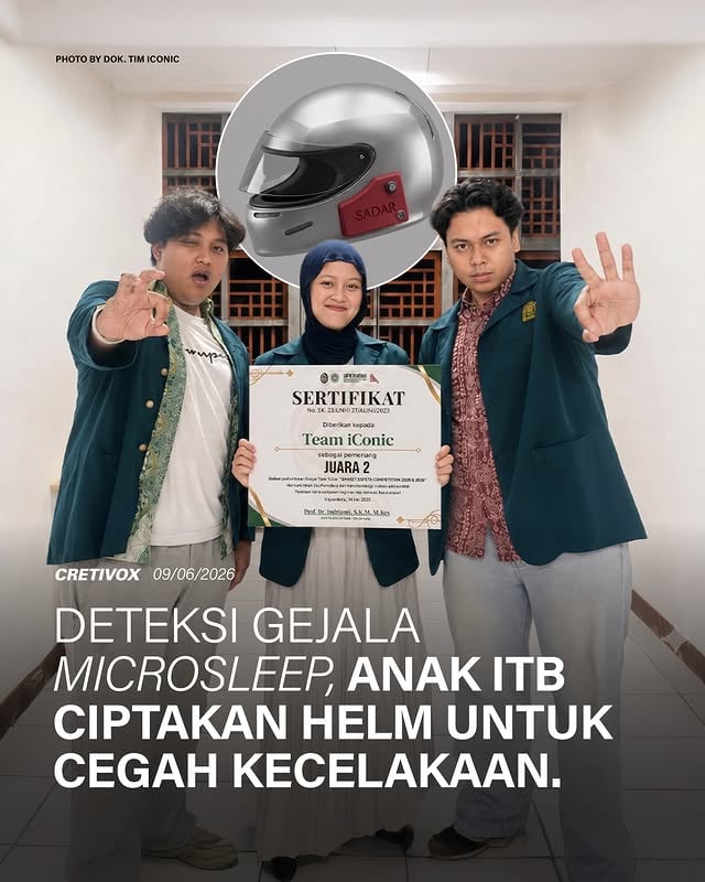 Tim mahasiswa iConic dari Institut Teknologi Bandung berhasil meraih Juara 2 Nasional pada kategori Lomba Karya Tulis Ilmiah dalam ajang Smart Safety Competition 2026 yang diselenggarakan oleh Fakultas Kesehatan Masyarakat Universitas Diponegoro. Tim yang terdiri dari Mahesya Friemay Romadhoni, Muhammad Yasser Saputro, dan Rizky Miftah Alfiah ini mengembangkan inovasi bernama SADAR Helmet, yaitu helm cerdas berbasis IoT yang mampu mendeteksi gejala microsleep secara real-time melalui sensor detak jantung, akselerometer, dan giroskop. Sistem ini memberikan peringatan preventif berupa getaran, suara, dan notifikasi digital untuk membantu mencegah kecelakaan sebelum terjadi.SADAR Helmet dirancang sebagai solusi atas tingginya angka kecelakaan lalu lintas akibat kelelahan dan microsleep pada pengendara motor di Indonesia. Dengan memanfaatkan teknologi IoT, sensor fusion, dan machine learning, helm ini mampu mengidentifikasi kondisi pramicrosleep secara lebih akurat serta dapat dipasang pada helm standar SNI dengan biaya yang relatif terjangkau. Ke depannya, tim berharap inovasi ini dapat dikembangkan melalui integrasi aplikasi mobile, GPS tracking, cloud monitoring, dan analisis berbasis AI, serta menjalin kolaborasi dengan industri dan pemerintah agar dapat digunakan secara luas untuk meningkatkan keselamatan berkendara.Source🔎: itb.ac.id#BelacanCretivox #VoiceofPeople by @cretivox