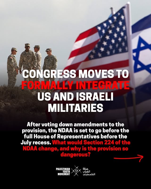 The House Armed Services Committee of the US Congress has included a provision in the annually renewed National Defense Authorization Act (NDAA) that seeks to radically overhaul the nature of US and Israeli military collaboration.

Swipe for more on Section 224 of the NDAA and why it must be stopped.