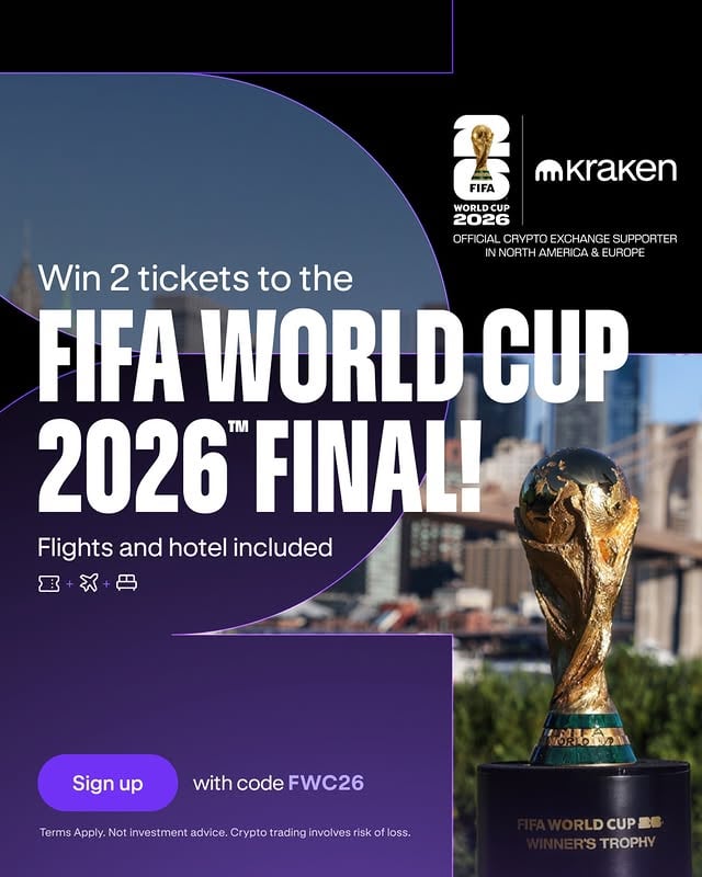 Want to see the @FIFAWorldCup 2026™ Final in person? 🏆Sign up to Kraken with code ‘FWC26’ between June 9 - July 9 for a chance to win:✔️ 2 tickets to the FIFA World Cup™ 2026 Final✔️Flights + accommodation includedOpen to eligible residents of North America & Europe. T&Cs apply.