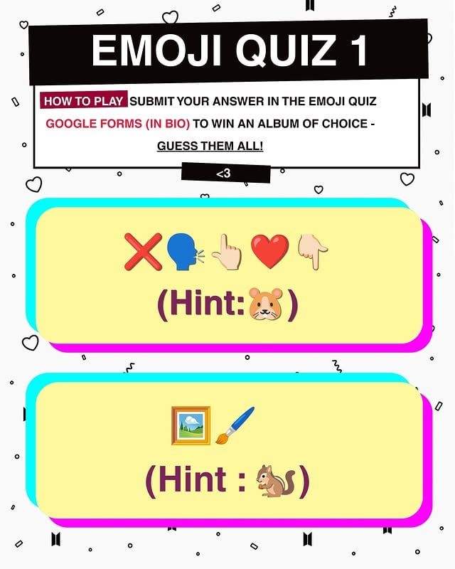 🧩 #COKO_FESTA_WEEK EMOJI QUIZ 1 🧩Can you guess the BTS song from the emojis? 👀💜🎵 Decode the emoji clues📝 Submit your answer through the Google Form (link in bio)🏆 Get all answers correct for a chance to win an Album of Choice!🐹 Hint included… but will it help? 👀Drop your guesses below and tag an ARMY friend to challenge them! 💜#BTS #방탄소년단 #BTSFESTA #COKODIVE by @cokodive