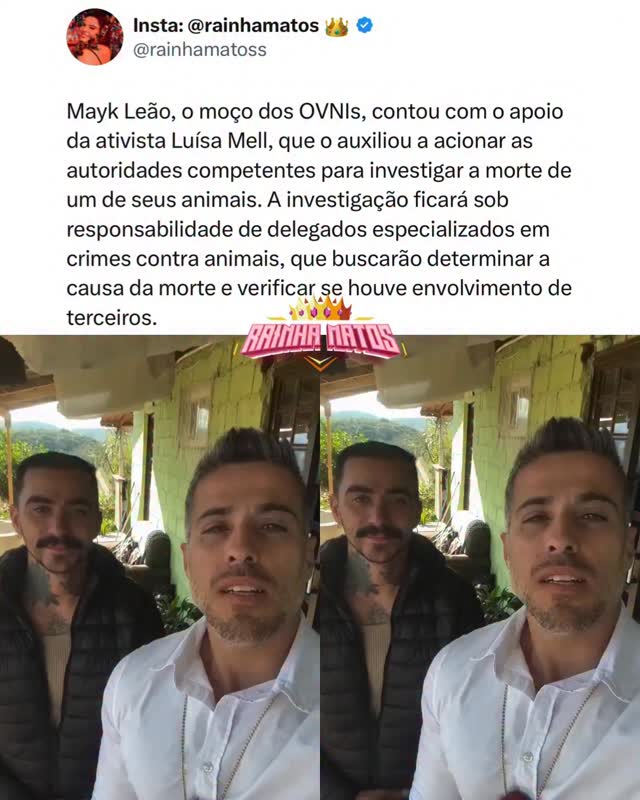 Mayk Leão, o moço dos OVNIs, contou com o apoio da ativista Luísa Mell, que o auxiliou a acionar as autoridades competentes para investigar a morte de um de seus animais. A investigação ficará sob responsabilidade de delegados especializados em crimes contra animais, que buscarão determinar a causa da morte e verificar se houve envolvimento de terceiros.🎥: Instagram 🏐