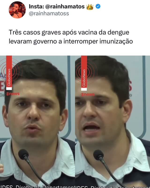 O Ministério da Saúde suspendeu a imunização com a vacina do Butantan contra a dengue a partir desta segunda-feira (8). De acordo com o governo federal, a medida foi adotada após duas mortes suspeitas registradas.➡️Segundo o Ministério da Saúde, até agora, foram aplicadas 500 mil doses e registrados 42 casos de reações severas possivelmente ligadas à vacina. Os três casos mais graves registrados pelo sistema de vigilância ainda estão em investigação e não é possível concluir, neste momento, que tenham sido causados diretamente pelo imunizante.Ainda assim, eles foram classificados como sinais de alerta por apresentarem quadros clínicos severos e incomuns, que não tinham sido verificados nas fases de estudo do imunizante.Via: @globonews (Reprodução 📸: @globonews 💞)