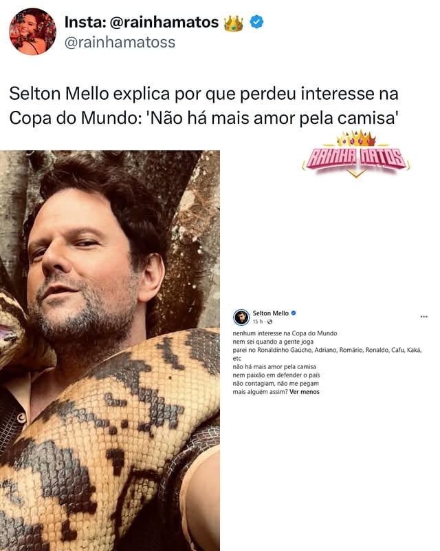 @seltonmello explica por que perdeu interesse na Copa do Mundo: ‘Não há mais amor pela camisa’📸: Instagram 🏐 by @rainhamatos