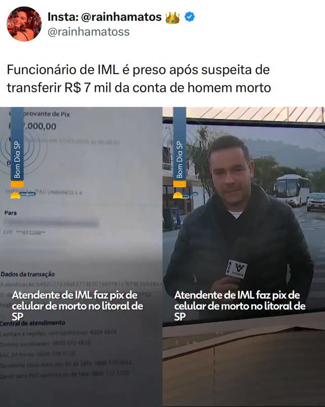 Um funcionário de um Instituto Médico Legal (IML) foi preso preventivamente após ser suspeito de transferir R$ 7 mil da conta bancária de um homem já falecido para a própria conta via Pix.O caso veio à tona depois que familiares da vítima analisaram os extratos bancários e identificaram uma transferência realizada poucas horas após o corpo ter dado entrada no IML. A movimentação levantou suspeitas e deu início às investigações.Segundo as autoridades, o servidor é investigado pelo crime de peculato, quando um agente público utiliza o cargo para se apropriar ou desviar bens e valores. O caso ganhou grande repercussão e gerou indignação entre familiares e internautas.A Secretaria de Segurança Pública informou que as investigações seguem em andamento pela Polícia Civil, com acompanhamento da Corregedoria. Os investigadores também apuram se outras pessoas podem ter participado da suposta fraude.🎥: @tvglobo l @globoplay 🏐 by @rainhamatos