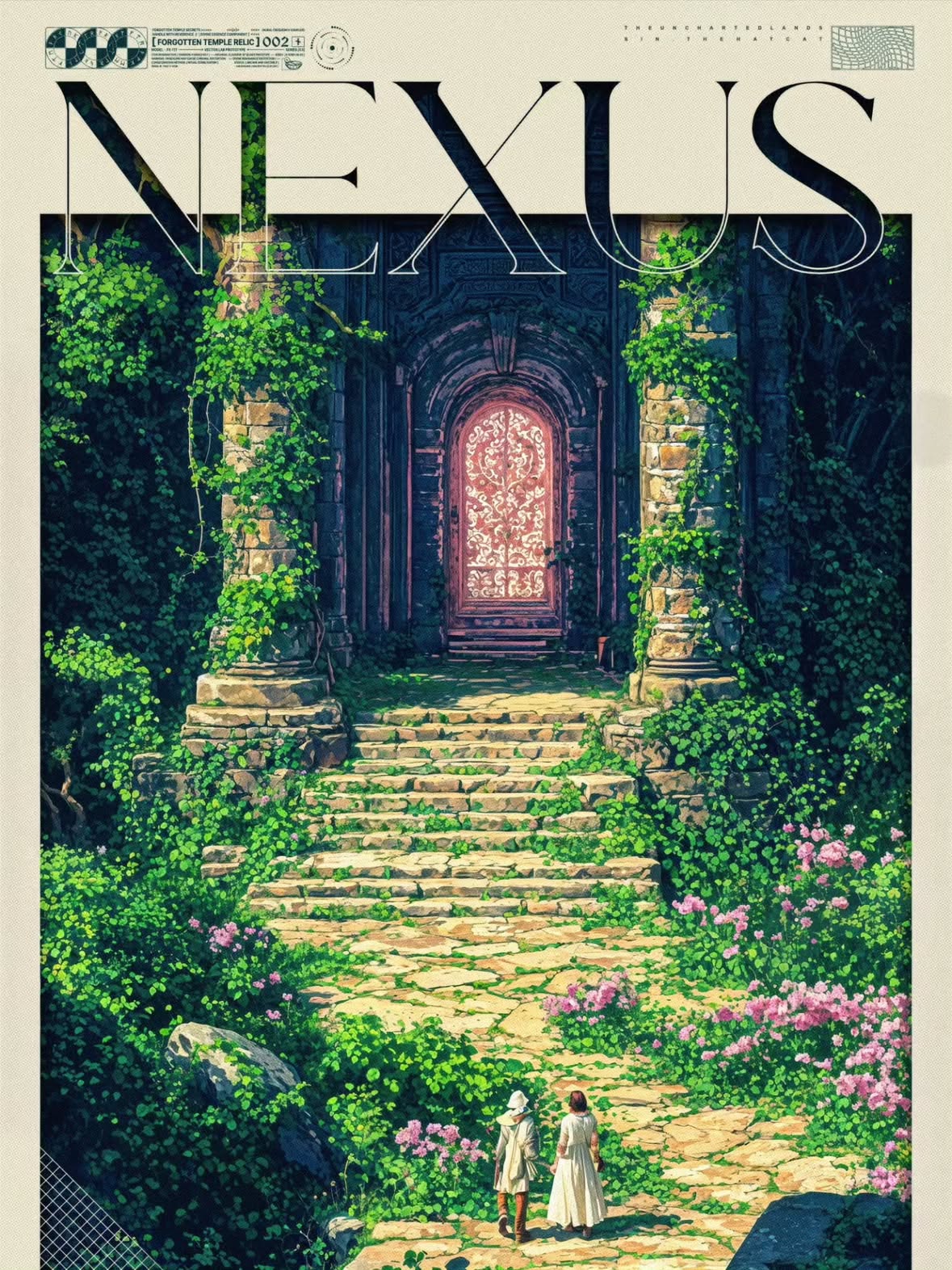 Premium poster layout featuring two fantasy characters walking towards an ancient stone archway overgrown with green ivy and pink flowers. The glowing, ornate door serves as the focal point, framed by a clean white border and sophisticated, modern typography reading "NEXUS" integrated with the scenery.
