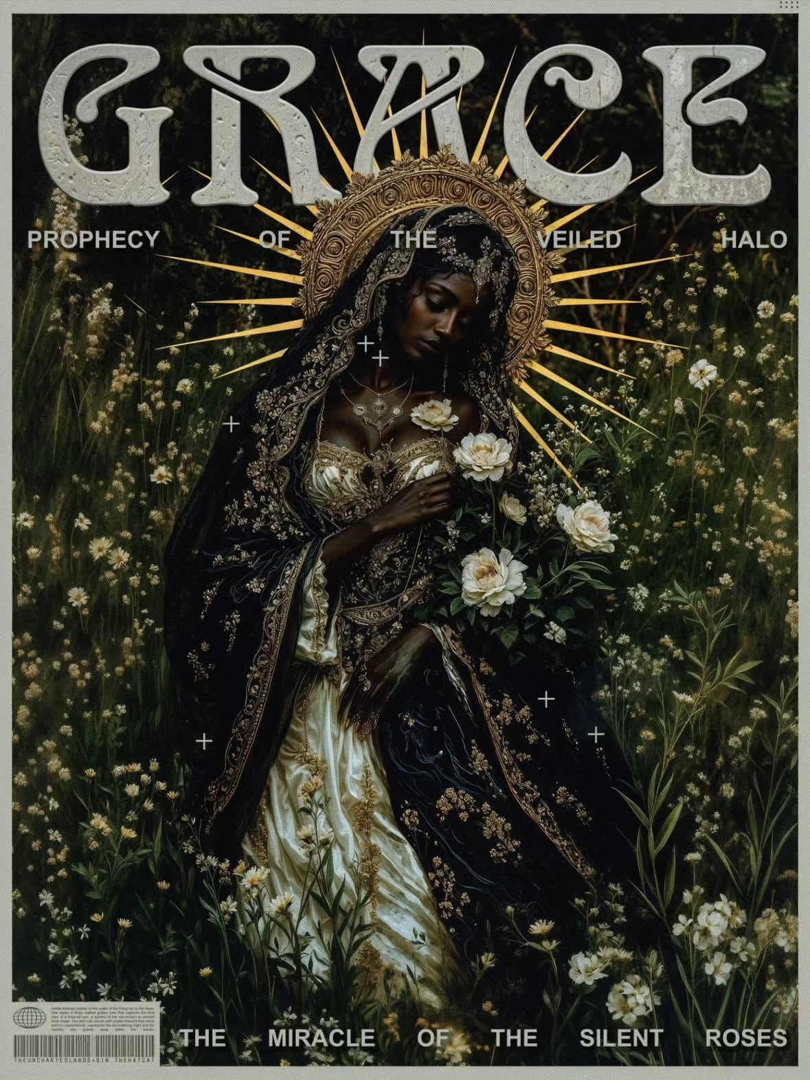 Dark fantasy poster design showcasing a mystical woman in a black and gold embroidered veil holding white roses in a field of wildflowers. A golden radiant halo shines behind her head beneath a textured, vintage typography title that reads "GRACE". High-end graphic layout with subtle editorial text at the bottom.