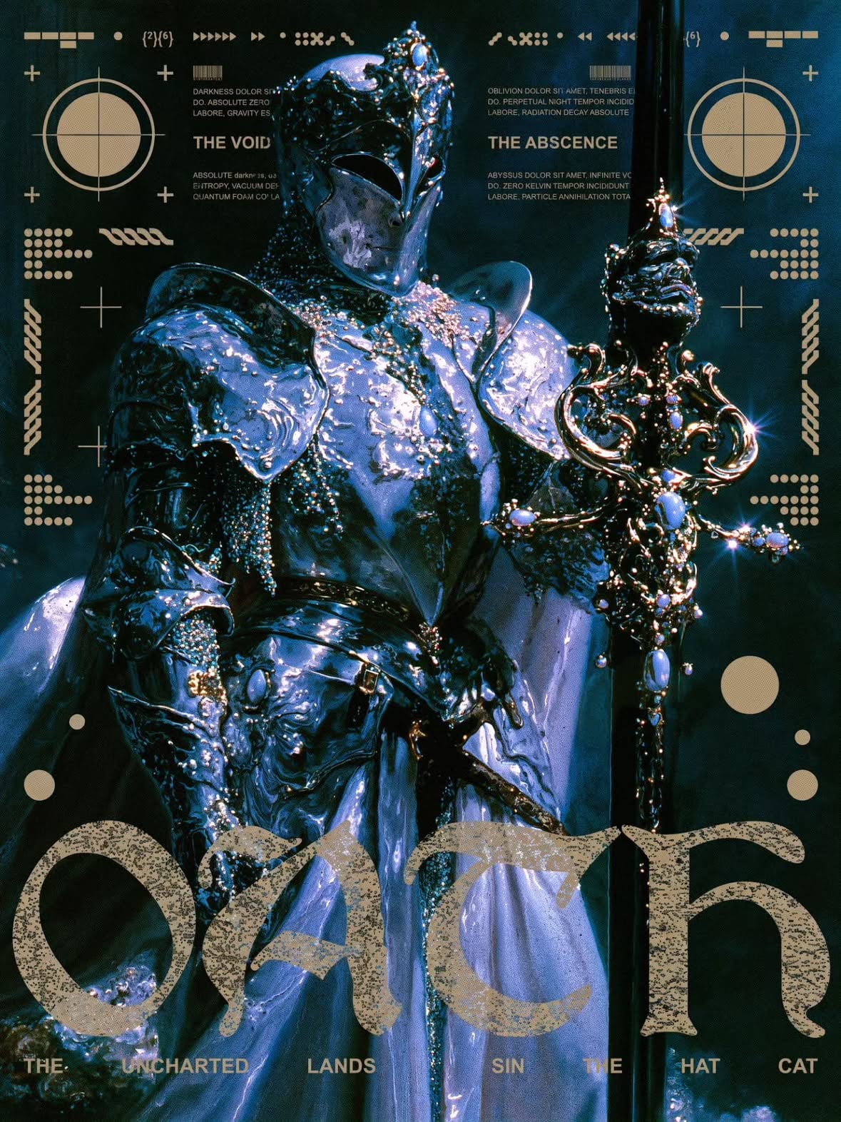Technoir and dark fantasy poster featuring a close-up of a knight in glossy, reflective metallic armor adorned with intricate gems and holding an ornate sword. The dark, moody atmosphere is enhanced by blue highlights, technical graphic user interface elements, and a bold, textured title reading "OATH".